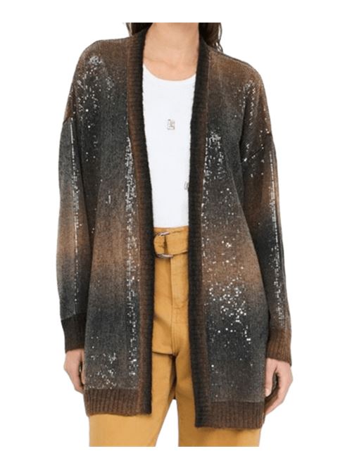 Cardigan lungo da donna con paillettes all-over sullo sfondo sfumato nei toni di marrone. LIU JO | MF5248-MA14RS9472